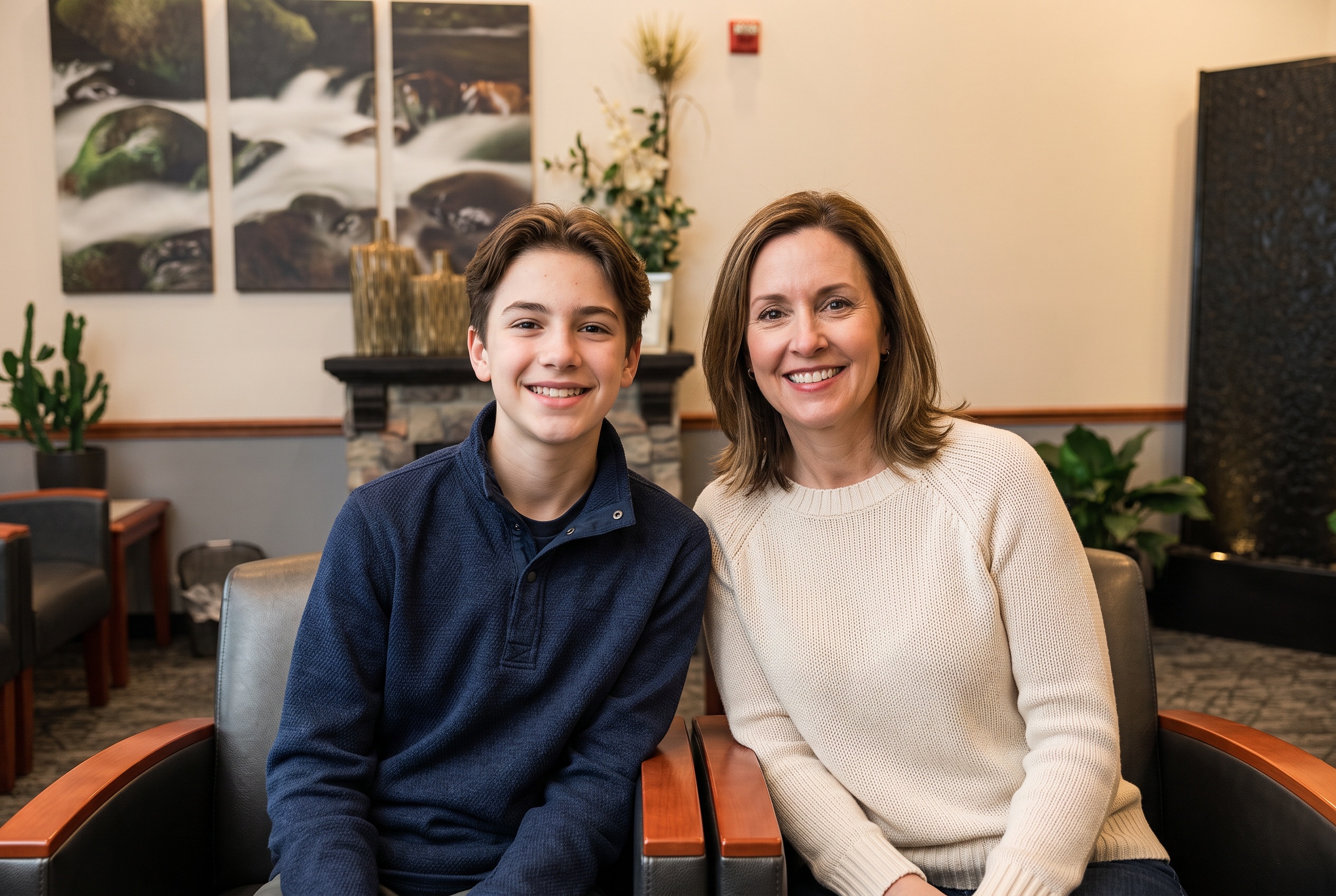 A parent and teenager smiling together in the Contemporary Smiles waiting room