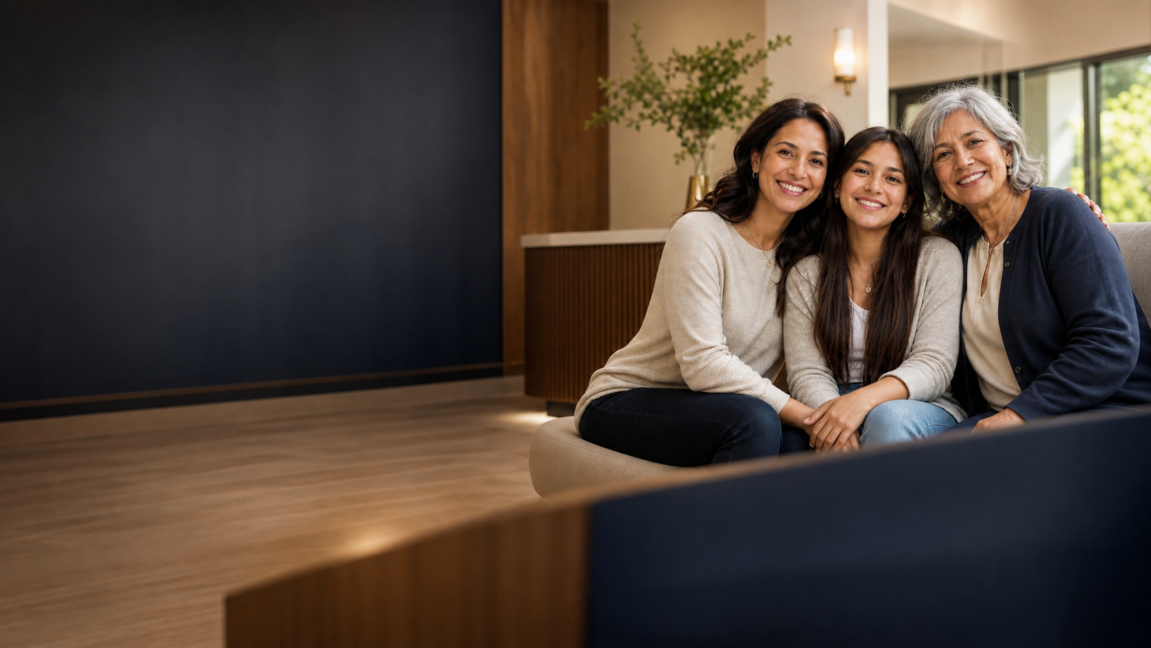 Three generations of a family smiling together in a welcoming dental practice