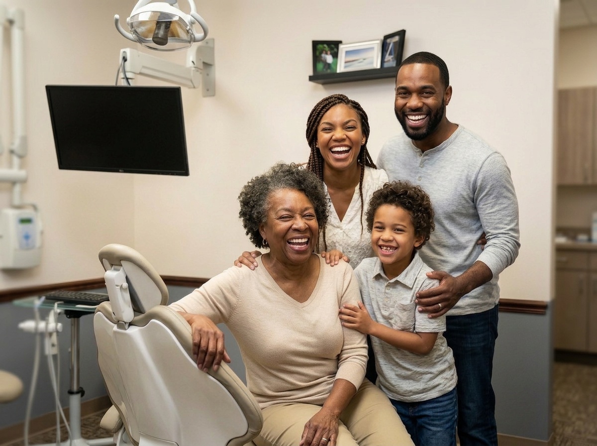 A happy multigenerational family smiling together in the treatment room